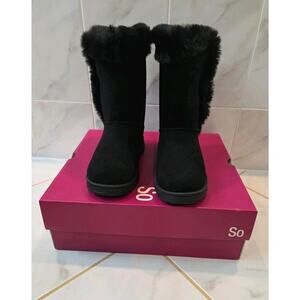 SO Women's Black Winter Boots Abigail Faux-Fur n Suede Sz. 6.0 Button Top